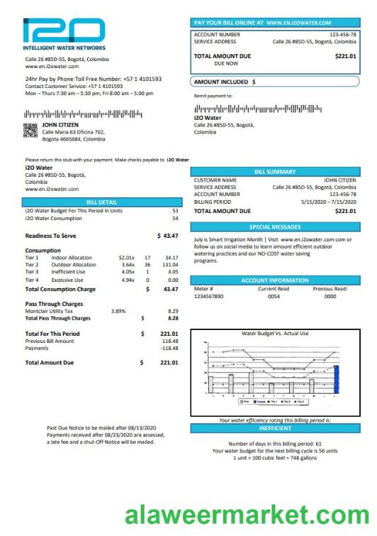 Colombia i2O Water utility bill